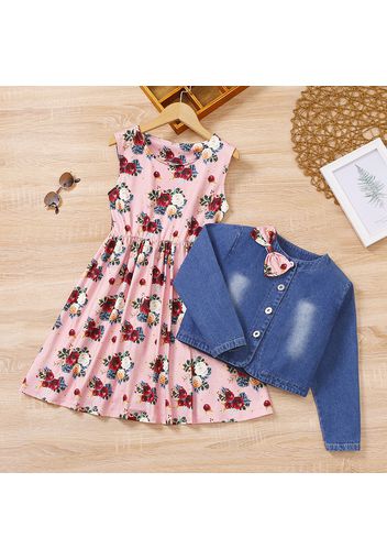 2-piece Kid Girl Bowknot Button Design Denim Jacket and Floral Print Sleeveless Dress Set