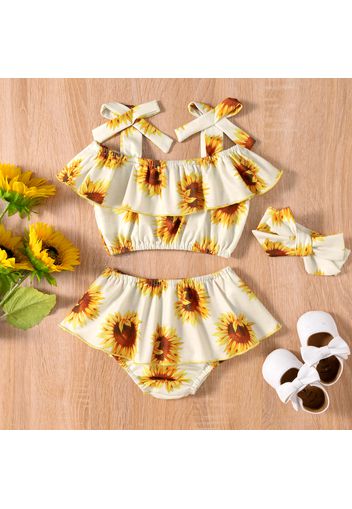 3pcs Baby Girl All Over Sunflower Floral Print Spaghetti Strap Ruffle Crop Top and Skirted Shorts with Headband Set