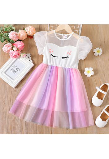 Kid Girl Unicorn Print Gradient Color Mesh Design Short-sleeve Dress