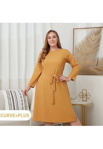 Women Plus Size Casual Round-collar Side Slit Long-sleeve Belted Dress