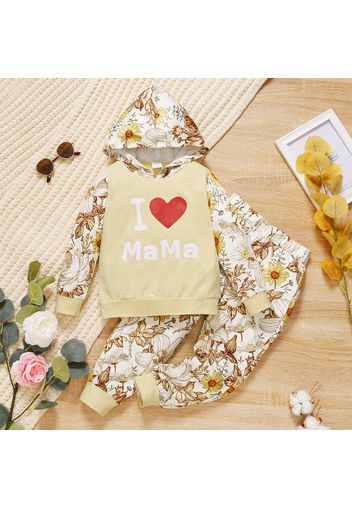 2-piece Toddler Girl Letter Heart Floral Print Hoodie Sweatshirt and Pants Set