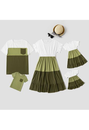 Green and White Splicing Short-sleeve Family Matching Sets(Tiered Dresses and Front Pocket T-shirts)