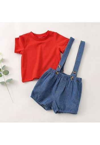 2pcs Baby Girl Solid Short-sleeve T-shirt and Denim Overalls Shorts Set