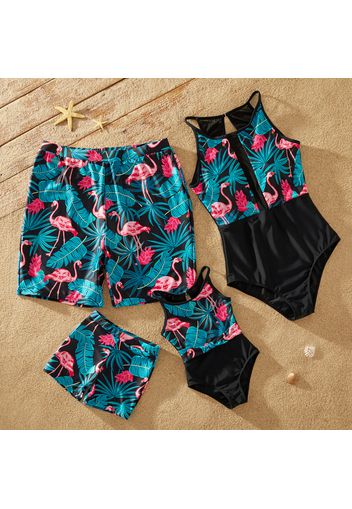 Family Look Flamingo and Plant Print Splice One-piece Matching Swimsuits