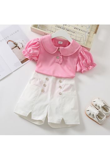 2pcs Toddler Girl Doll Collar Button Design Short-sleeve Pink Tee and White Shorts Set