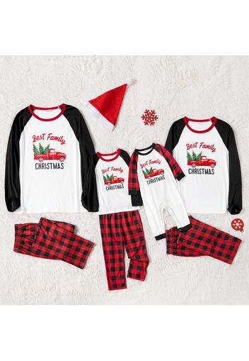 Christmas Tree Car and Letter Print Family Matching Black Raglan Long-sleeve Plaid Pajamas Sets (Flame Resistant)