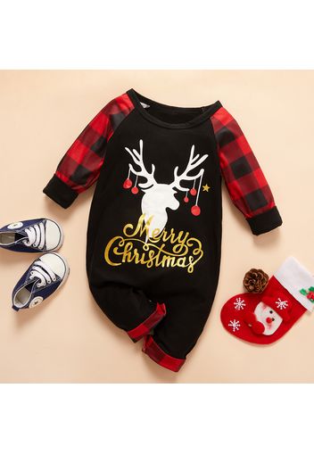 Letter Elk Plaid Print Long-sleeve Baby Jumpsuit