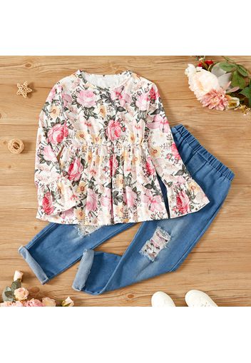 2-piece Kid Girl Floral Print Bell sleeves Peplum Top and Ripped Denim Pants Jeans Set