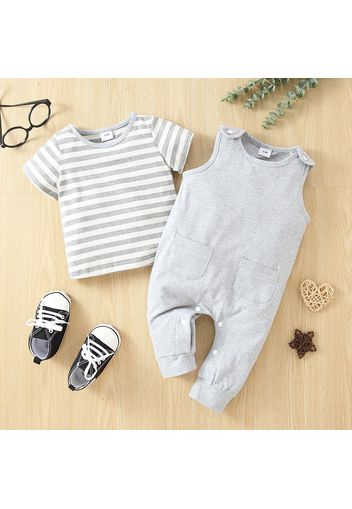 2pcs Baby Boy Striped Short-sleeve Tee and Solid Overalls Set