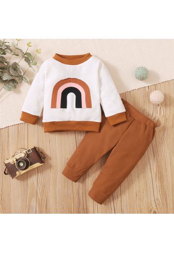 2pcs Baby Boy/Girl Rainbow Pattern Waffle Long-sleeve Top and Trousers Set