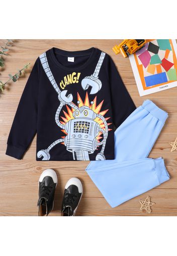 2-piece Kid Boy Robot Letter Print Sweatshirt and Blue Sweatpants Pants Set