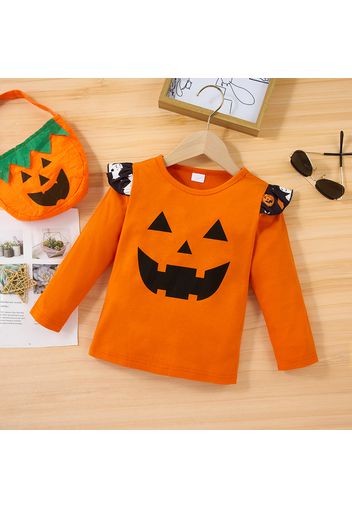 Toddler Girl Halloween Ghost Pumpkin Print Ruffle Long-sleeve Top