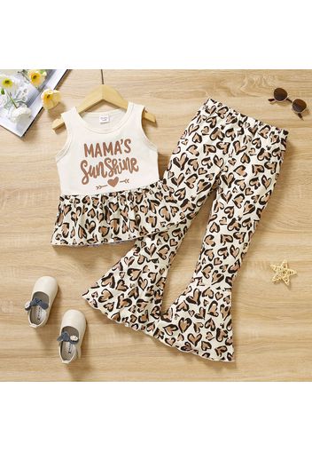 2pcs Toddler Girl Letter Leopard Print Sleeveless Tee and Flared Pants Set