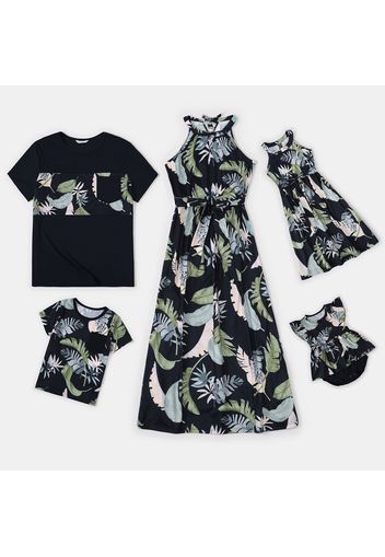 Family Matching Allover Plant Print Black Halter Neck Sleeveless Midi Dresses and Short-sleeve T-shirts Sets