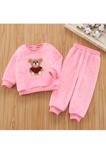 2-piece Toddler Girl/Boy Bear Embroidered Fuzzy Pullover and Solid Pants Set