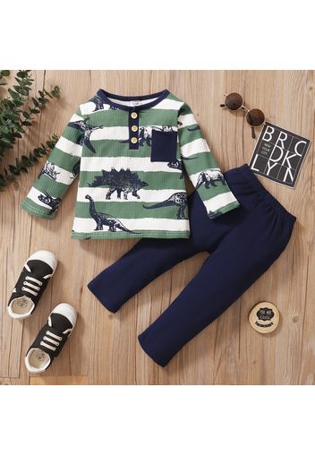 2-piece Toddler Boy Dinosaur Print Striped Long-sleeve Top and Elasticized Solid Pants Set