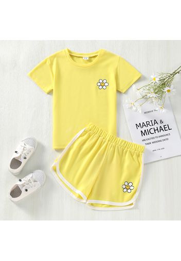 2-piece Kid Girl Floral Face Emojis Print Short-sleeve Tee and Elasticized Dolphin Shorts Set