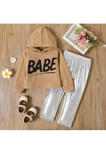 2pcs Toddler Girl Letter Print Hooded Sweatshirt and Metallic Silver Faux Leather PU Pants Set