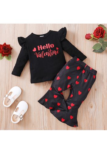 Valentine's Day 2pcs Baby Girl Letter Print Ruffle Long-sleeve Top and Leopard Flared Pants Set