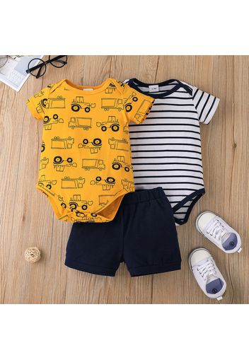 3pcs Baby Boy Striped and Allover Vehicle Print Short-sleeve Rompers with Solid Shorts Set