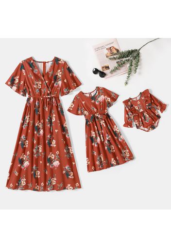 All Over Floral Print Orange Cross Wrap V Neck Short-sleeve Midi Dress for Mom and Me