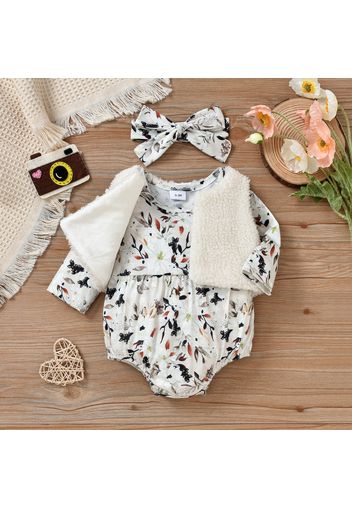 3pcs Baby Girl Floral Print Long-sleeve Romper and Fuzzy Fleece Vest Set