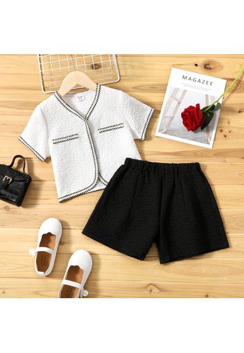 2-piece Kid Girl Tweed Design Textured Short-sleeve Cardigan and Elasticized Black Shorts Set