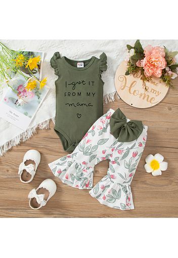 2pcs Baby Girl Letter Print Rib Knit Flutter-sleeve Romper and Bow Front Floral Print Flared Pants Set