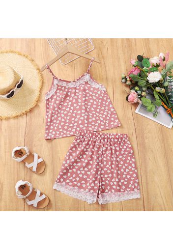 2-piece Kid Girl Heart Print Lace Design Camisole and Elasticized Shorts Set