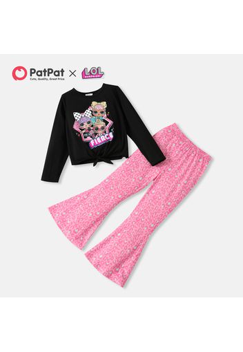 L.O.L. SURPRISE! 2pcs Kid Girl Cartoon Print Tie Knot Long-sleeve White Tee and Stripe Heart Leopard Print Pink Flared Pants Set