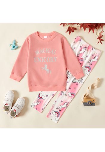 2-piece Kid Girl Letter Animal Unicorn Print Pink Pullover Sweatshirt and Rainbow Print Pants Set