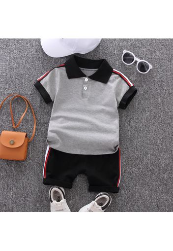 2pcs Toddler Boy Casual Colorblock Striped Polo Shirt and Shorts Set