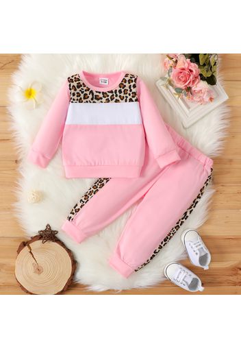 2pcs Baby Girl Leopard Splicing Color Block Long-sleeve Sweatshirts and Trousers Set