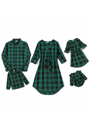 Mosaic Christmas Family Matching Buffalo Plaid Long-sleeve Dresses and T-shirts Sets