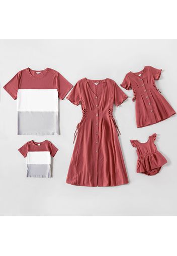 Brick red Series Family Matching Sets （V-neck Short-sleeve Button Down Lace-up Dresses and Colorblock T-shirts）
