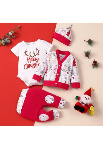 Christmas 4pcs  Red Print Long-sleeve Cardigan and Romper with Trousers Set