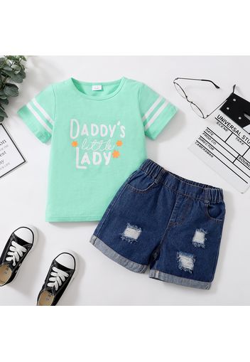 2pcs Toddler Girl Letter Print Striped Short-sleeve Tee and Blue Ripped Denim Shorts Set