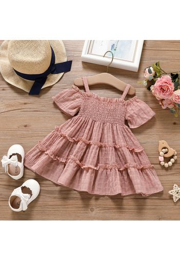 Baby Girl Pink Cold Shoulder Puff Sleeve Shirred Tiered Dress