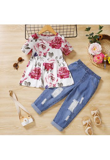 2pcs Toddler Girl Floral Print Short-sleeve Tee and Ripped Denim Jeans Set