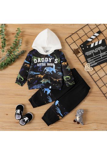 2pcs Baby Girl Allover Dinosaur & Letter Print Contrast Color Hoodie and Pants Set