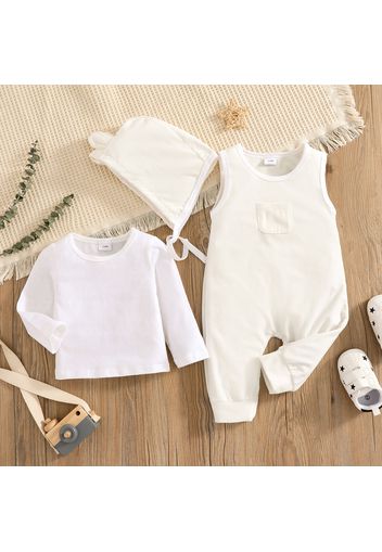 100% Cotton 3pcs Baby Girl Solid Long-sleeve T-shirt with Sleeveless Jumpsuit and Hat Set