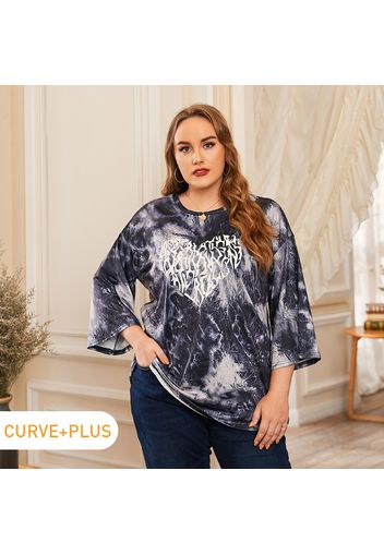 Women Plus Size Casual Tie Dye Heart Pattern Long-sleeve Tee