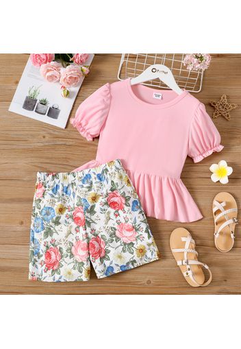 2-piece Kid Girl Ruffled Short-sleeve Pink Peplum Tee and Floral Print Shorts Set