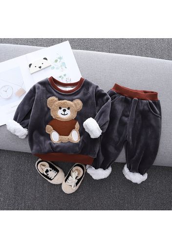 2pcs Baby Cartoon Bear Pattern Thickened Fleece Lined Grey Long-sleeve Pullover and Trousers Set