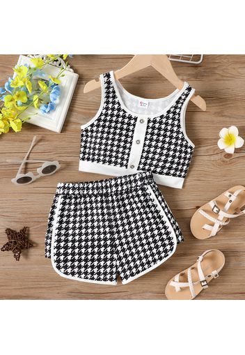 2pcs Kid Girl Houndstooth Button Design Tank Top and Shorts Set