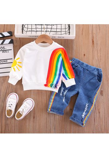 2pcs Baby Boy Rainbow Print Long-sleeve Sweatshirt and Ripped Jeans Set