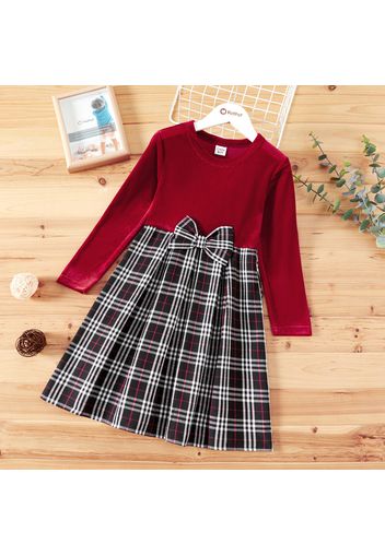 Kid Girl Bowknot Design Long-sleeve Stitching Velvet Plaid Pleated Dress