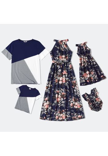 Family Matching Floral Print Halter Neck Sleeveless Maxi Dresses and Colorblock Short-sleeve T-shirts Sets