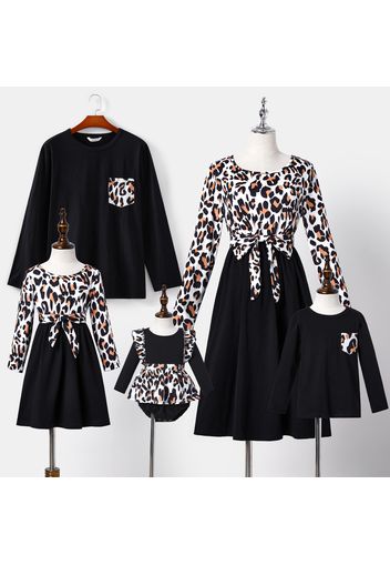 Family Matching Leopard Splicing Long-sleeve Belted Dresses and Black Cotton T-shirts Sets