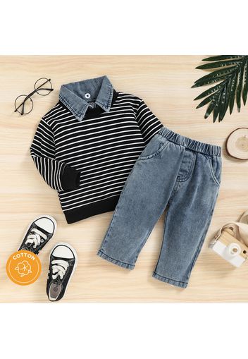 2pcs Baby Boy/Girl 100% Cotton Jeans and Contrast Collar Striped Long-sleeve Sweatshirt Set